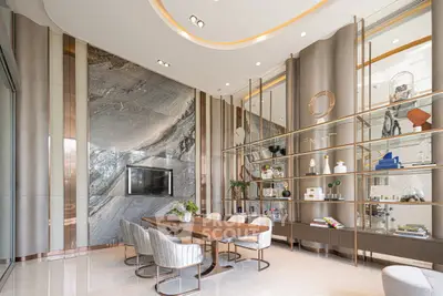 Luxurious modern living room with elegant decor and stylish furniture