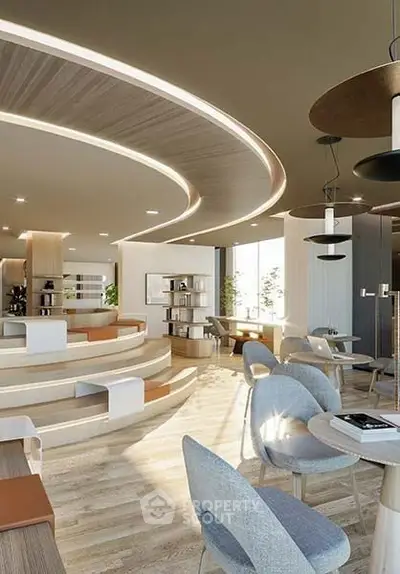 Modern open-concept living area with stylish furniture and unique ceiling design