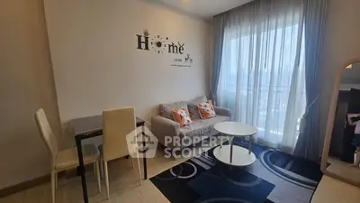 Modern living room with cozy sofa and city view balcony