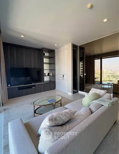 Luxurious living room with modern decor and stunning city view