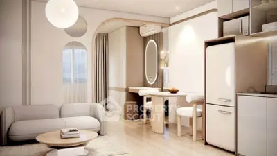 Modern living room with sleek furniture and integrated kitchen appliances, showcasing minimalist design.
