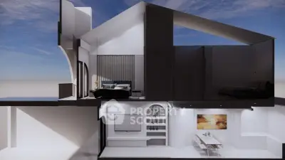 Modern architectural cross-section showcasing stylish interior design with open living and dining areas.