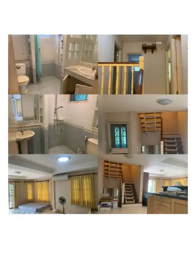 Cozy multi-level home with bathroom, staircase, and bright bedroom with natural light.