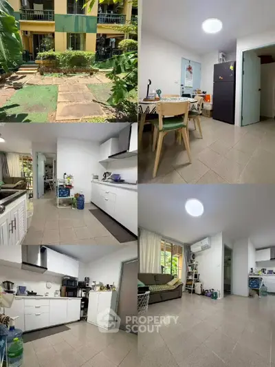 Charming apartment with modern kitchen, cozy living room, and lush garden view.