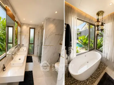 Luxurious bathroom with elegant marble design and garden view, featuring a freestanding bathtub and dual sinks.