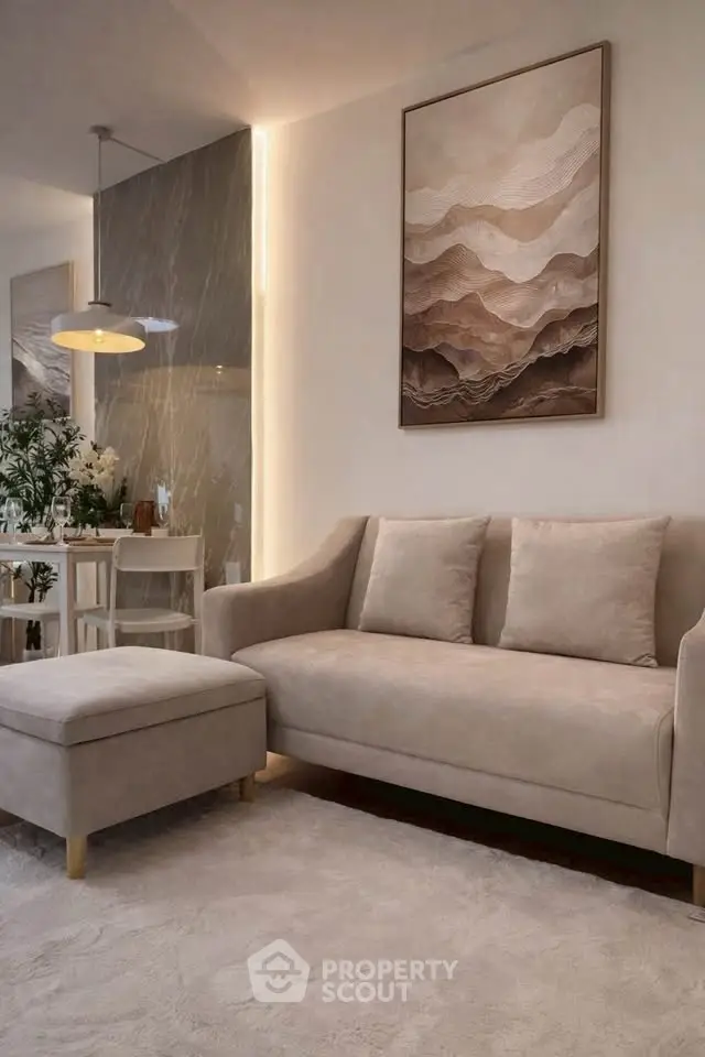 Elegant living room with modern beige sofa and stylish wall art, perfect for cozy relaxation.