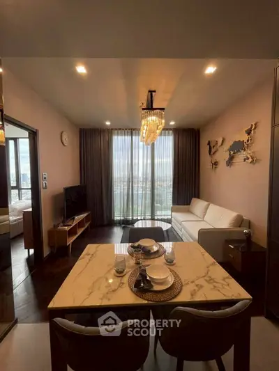 Luxurious living room with elegant dining area and stunning city view