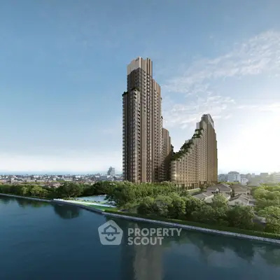 Stunning riverside high-rise building with lush greenery and panoramic city views.