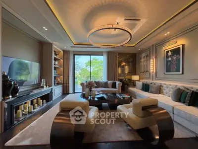 Luxurious living room with elegant decor, large windows, and modern furniture in a stylish home.