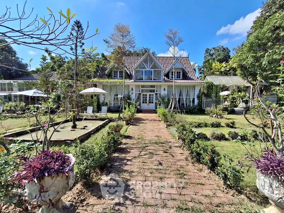 Charming country house with lush garden and inviting pathway under a clear blue sky.