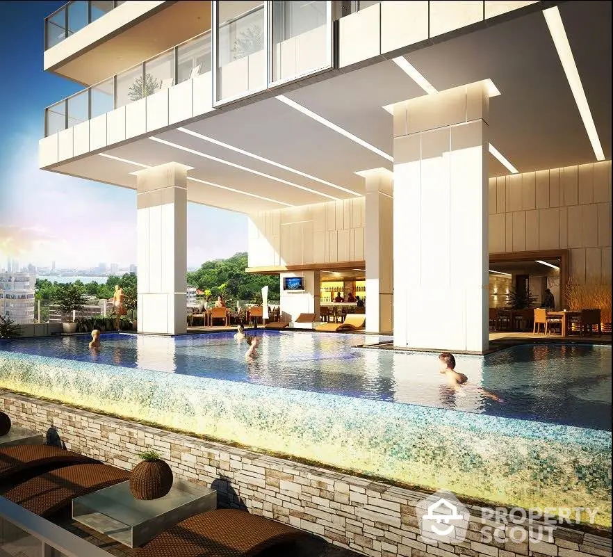 Luxurious modern building with rooftop infinity pool and stunning city views.