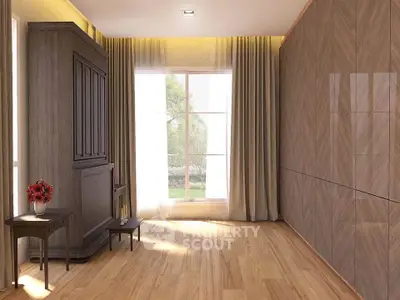 Elegant empty room with wooden floors and large window view