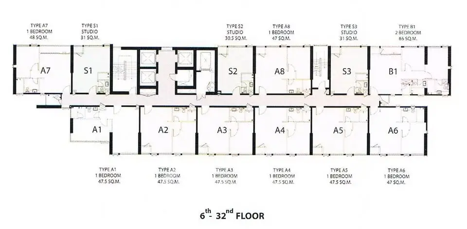 Floor plan layout for 6th to 32nd floor with studio and 1-bedroom units.