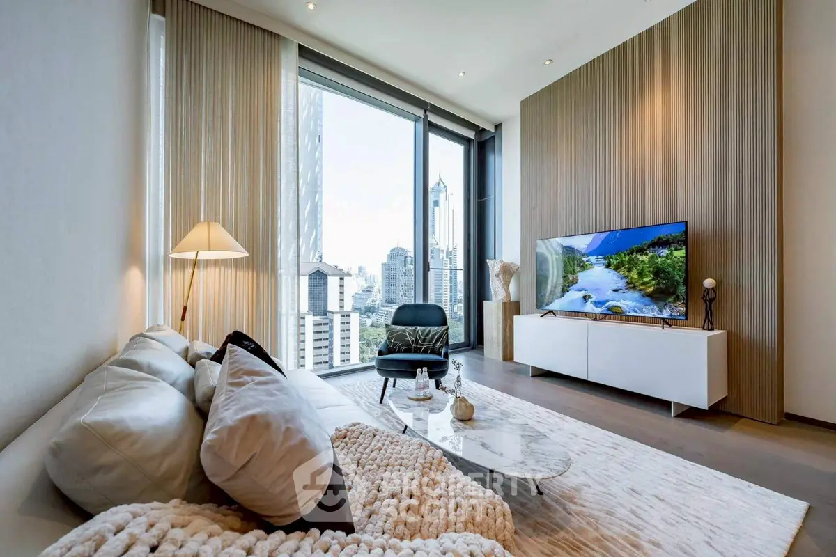 Luxurious modern living room with stunning city view and elegant decor.