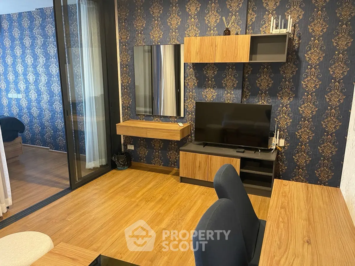 Stylish modern living room with elegant wallpaper and wooden furniture