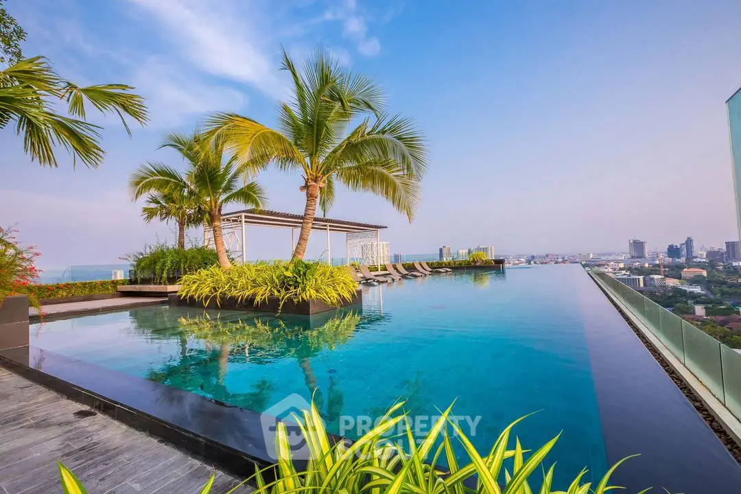 Luxurious rooftop infinity pool with stunning cityscape view and lush greenery.