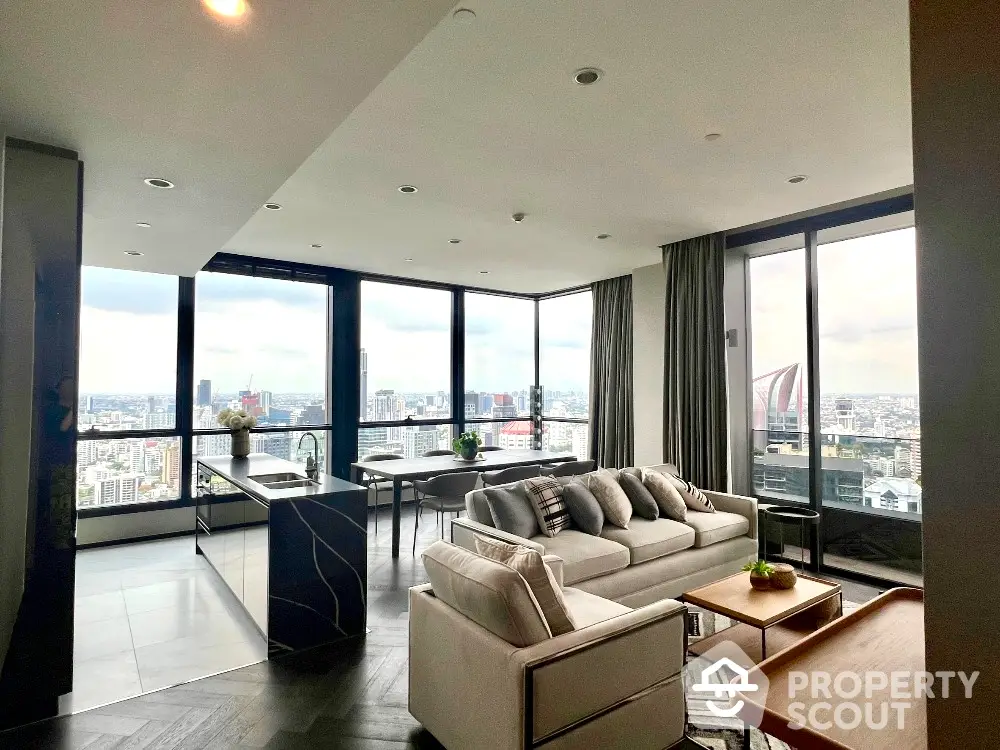 Luxurious modern living room with panoramic city views and open kitchen layout.