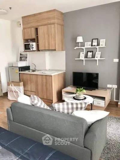 Chic modern living room with compact kitchen and stylish decor