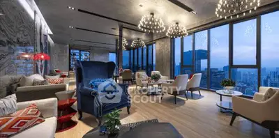 Luxurious modern living room with panoramic city views and elegant lighting.