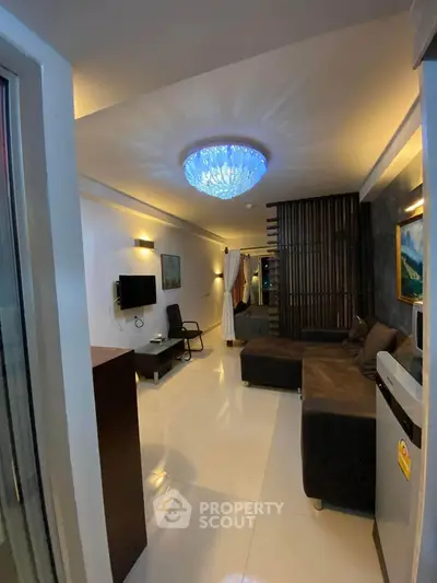 Modern living room with stylish lighting and sleek furniture design