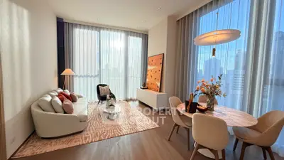 Luxurious modern living room with elegant decor and stunning city view.
