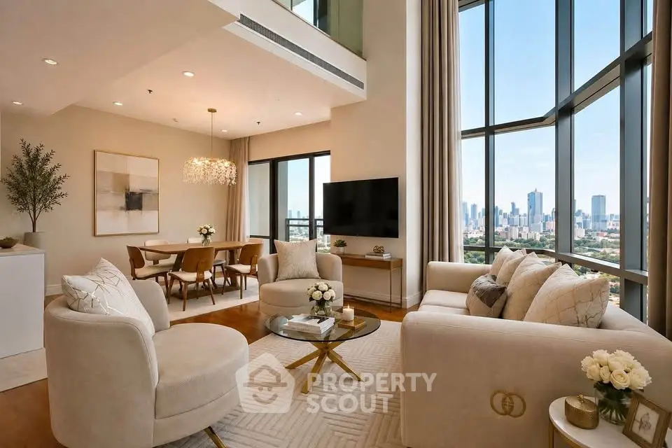 Luxurious living room with panoramic city views, elegant decor, and spacious seating area.