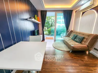 Modern living room with stylish decor and garden view