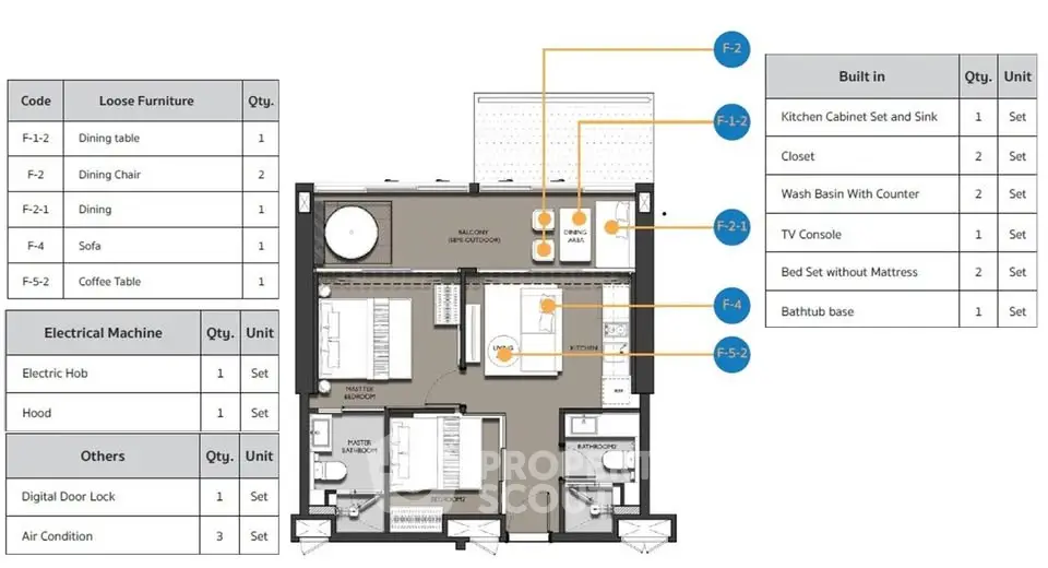 Detailed floor plan with furniture and built-in features for modern apartment layout.
