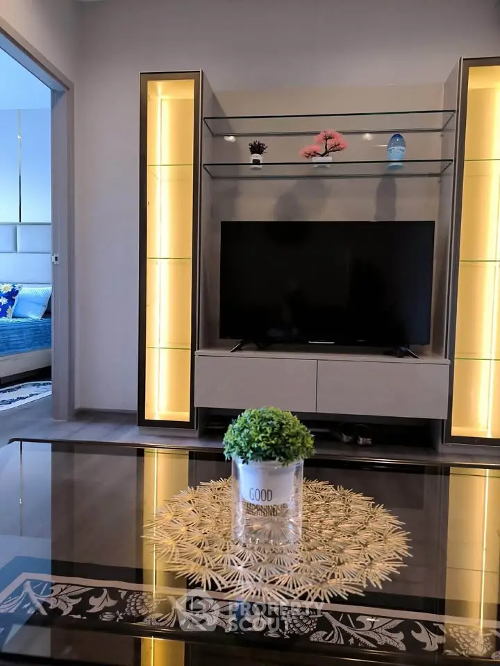Modern living room with sleek TV unit and stylish decor