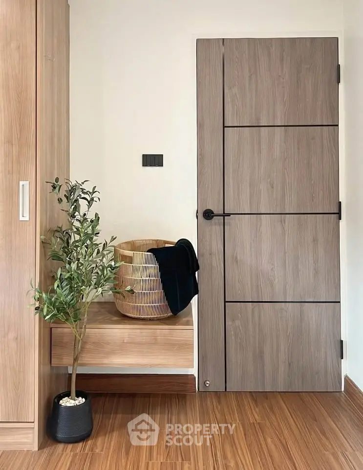 Stylish modern interior with wooden door, wardrobe, and decorative plant in cozy corner.