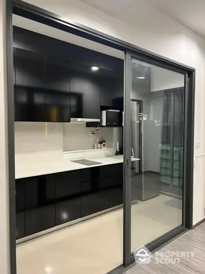 Modern kitchen with sleek black cabinets and glass sliding door