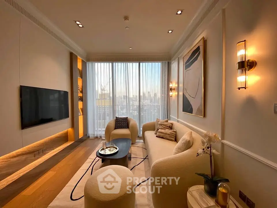 Luxurious modern living room with elegant decor and city view.