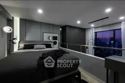 Modern bedroom with city view and stylish lighting