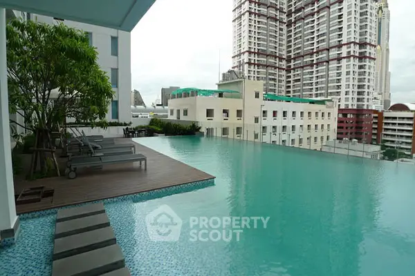 Luxurious rooftop infinity pool with stunning cityscape views in modern high-rise building.