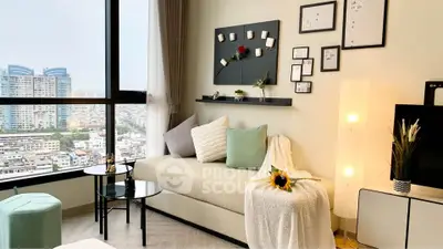 Stylish living room with panoramic city view and modern decor
