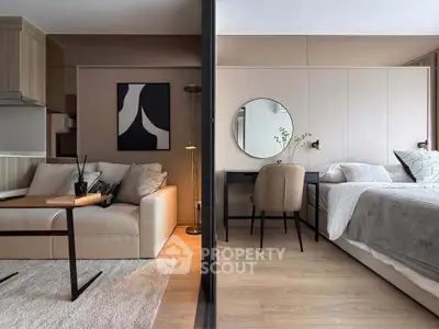 Modern studio apartment with stylish living area and cozy bedroom, featuring elegant decor and neutral tones.