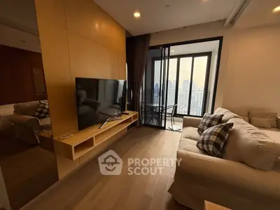 Modern living room with city view and cozy balcony in luxury apartment
