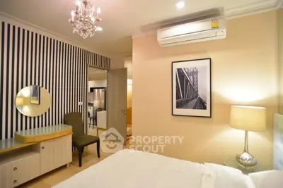 Elegant bedroom with modern decor and air conditioning in stylish apartment