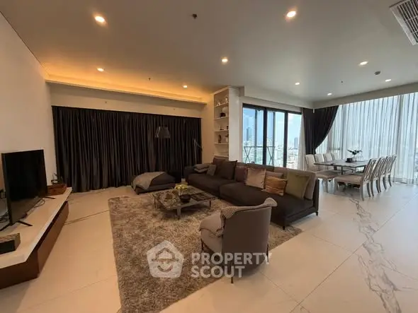 Luxurious modern living room with city view and elegant dining area