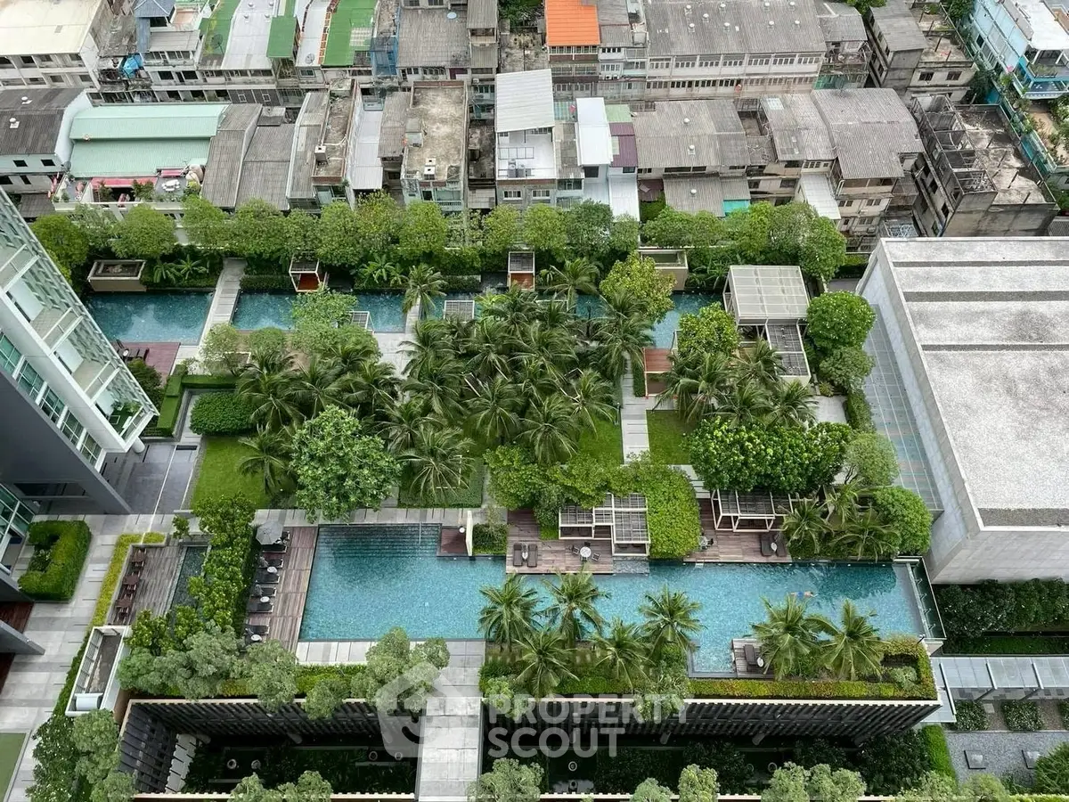 Luxurious rooftop garden and pool with stunning city views in a modern urban setting.