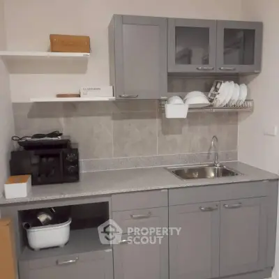 Modern kitchen with sleek gray cabinets and stainless steel sink