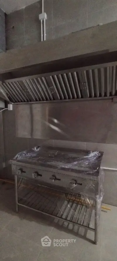 Commercial kitchen with industrial gas stove and ventilation system