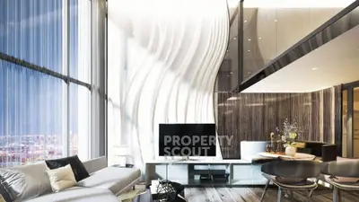Luxurious modern living room with floor-to-ceiling windows and stylish decor