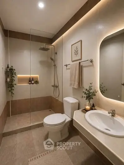 Modern bathroom with elegant lighting and glass shower enclosure