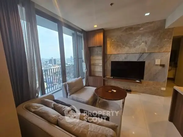 Luxurious living room with stunning city view and modern decor