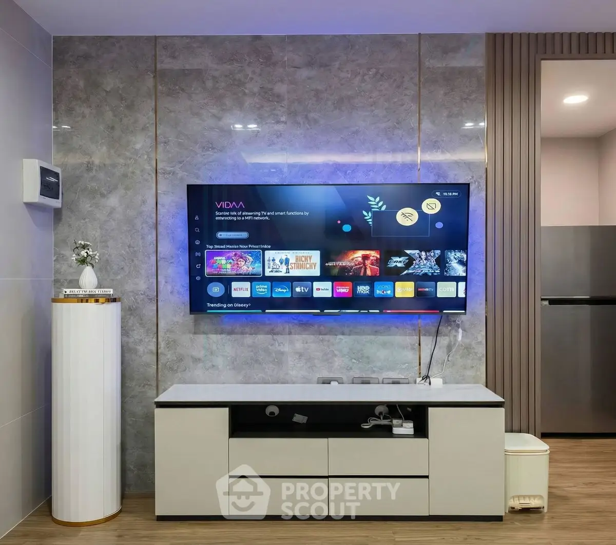 Modern living room with sleek TV setup and stylish decor