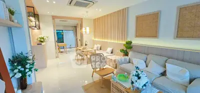 Modern living room with elegant decor and cozy seating area