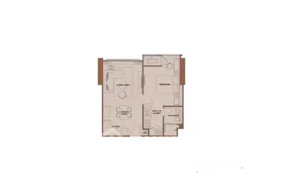 Modern apartment floor plan with living area, bedroom, kitchen, and walk-in closet.