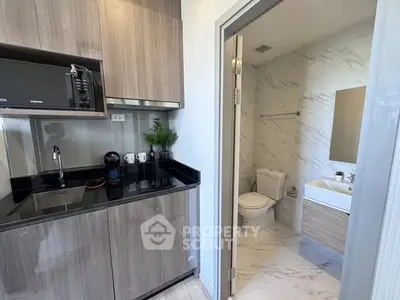 Modern compact kitchen with adjacent stylish bathroom in contemporary apartment.