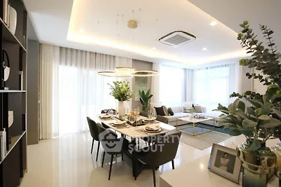 Luxurious modern living room with elegant dining area and stylish decor